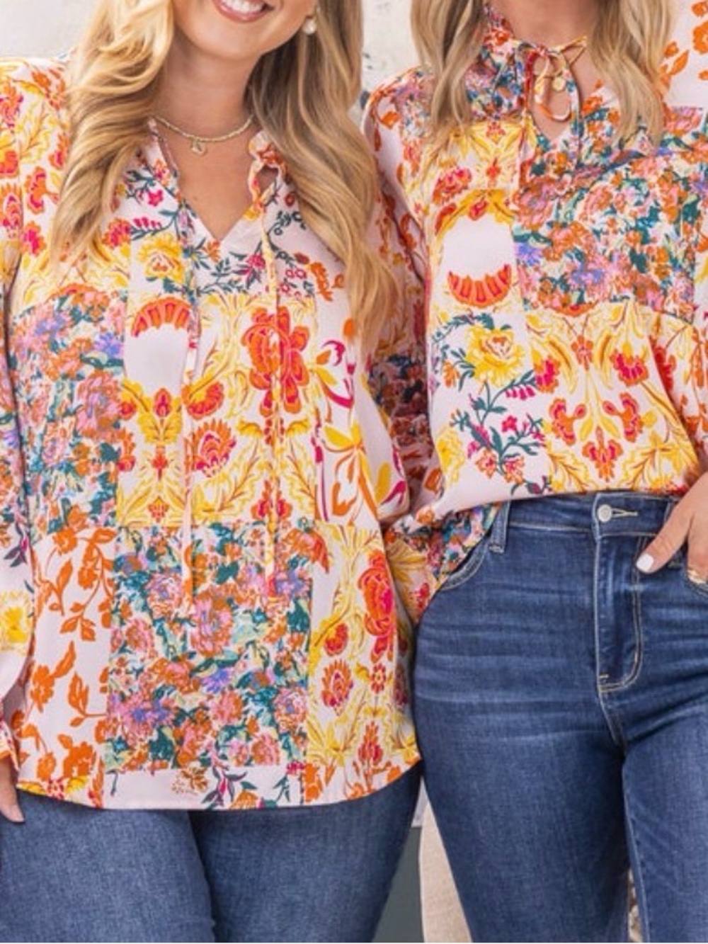 Floral Patchwork Tie-Neck Women's long sleeve Top Pink / Yellow. Medium. Jodifl - Picture 5 of 8